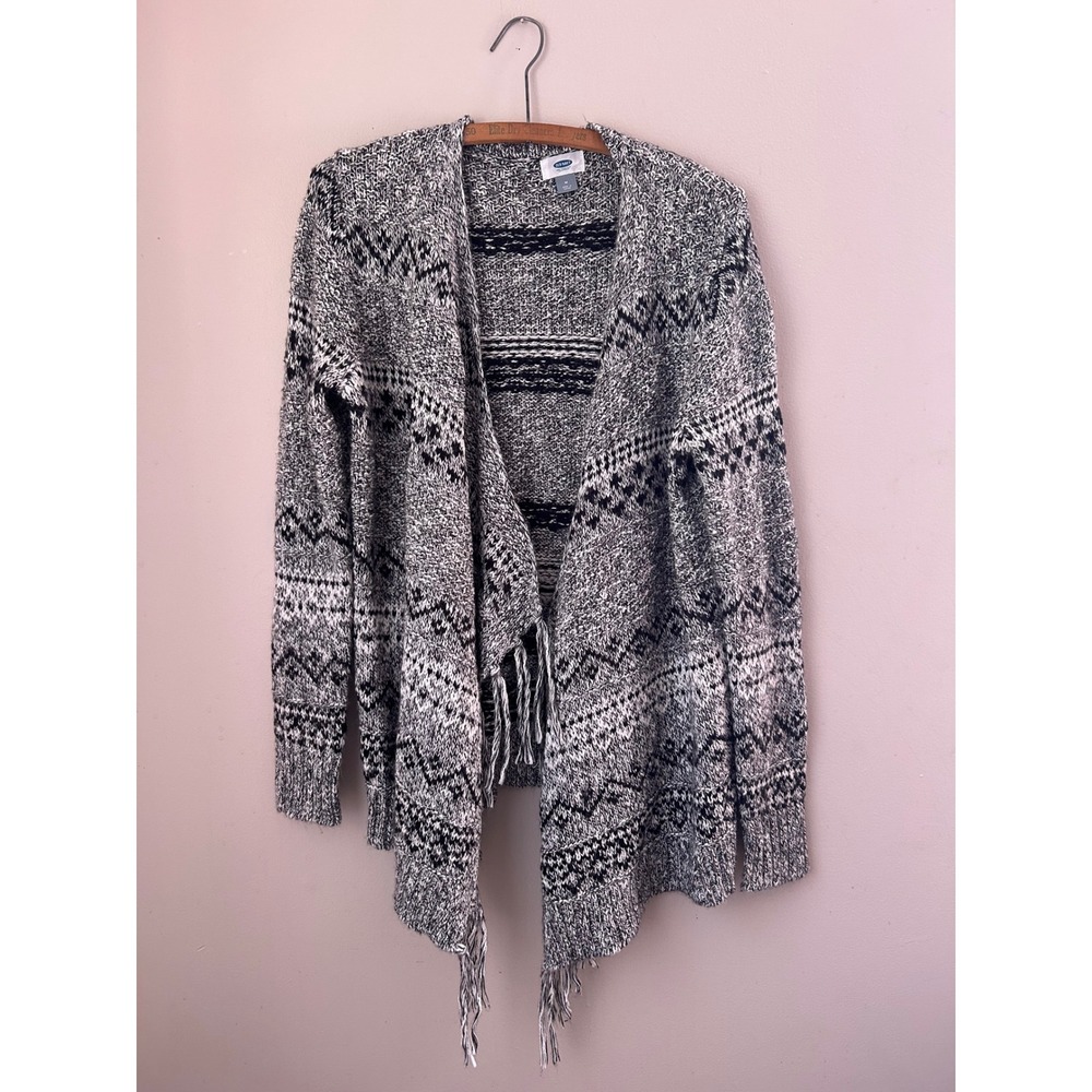Old Navy Fringe Cardigan Sweater Medium M Black White Gray‎ Knit Aztec Boho Cozy